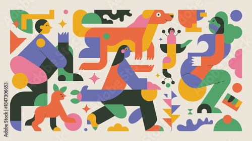 A vibrant illustration featuring diverse stylized characters and animals interacting playfully in a modern composition