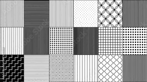 A visually striking collection of diverse black and white geometric patterns arranged in an appealing grid layout