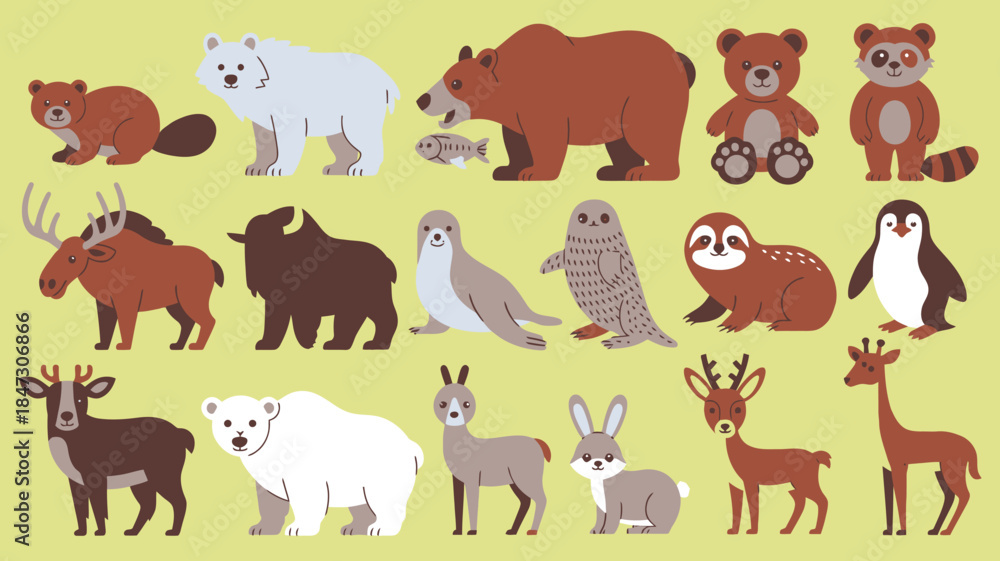 Obraz premium Adorable collection of various cartoon animals standing together on a plain light green background