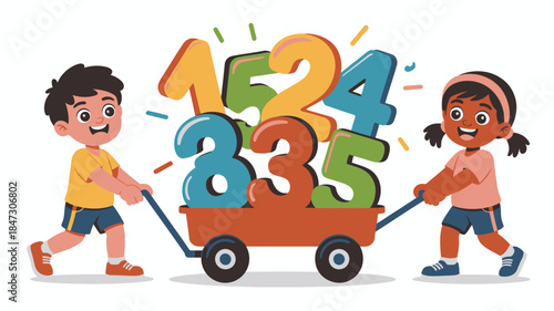 Adorable boy and girl cooperatively pulling a red wagon filled with shiny colorful numbers