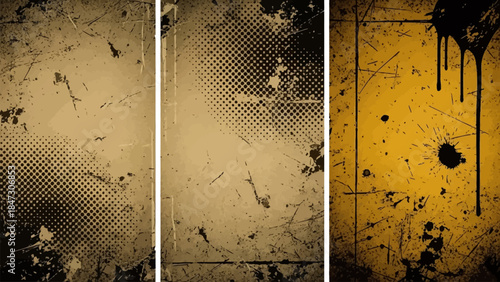 Abstract set of three grunge backgrounds with paint splatters, ink blots, drips, smudges, stains, distressed texture, and halftone dots.