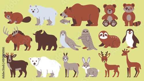 Adorable collection of various cartoon animals standing together on a plain light green background