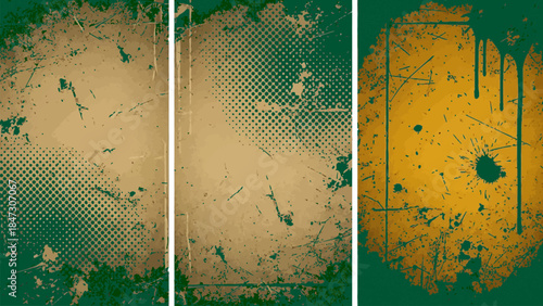 Abstract grunge distressed texture background set with paint splatters halftone pattern and scratched old paper design.