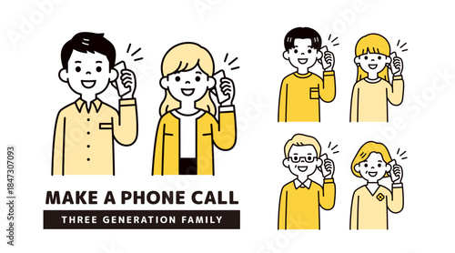 スマートフォンで話す・通話する、様々な年代の男女・夫婦の上半身ベクターイラスト素材セット
