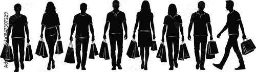 Shopping people silhouette walking with bags, consumers retail lifestyle illustration isolated vector design for mall, sale and commerce concepts