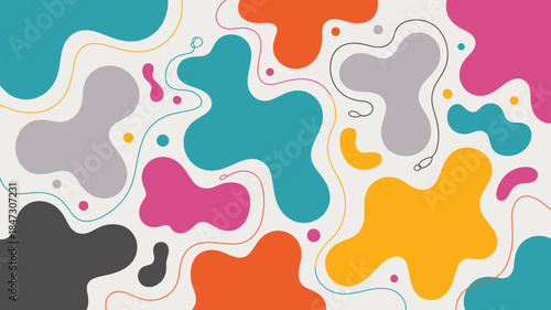 Brightly colored flowing shapes with various lines and small dots create a playful and vibrant composition