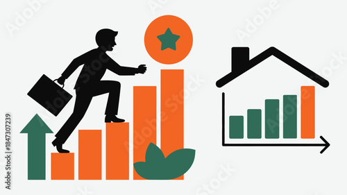 Businessman ascending a bar graph towards a star representing career success and real estate investment growth
