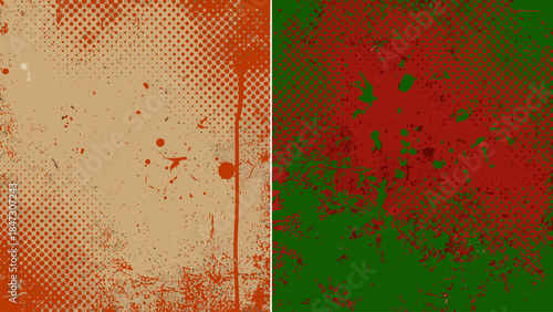 Abstract grunge distressed texture with halftone dots and ink splatters on an orange background with green messy spots and splashes.