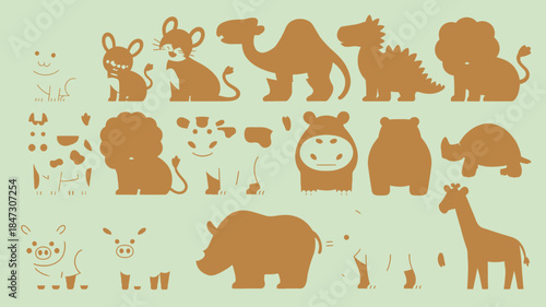 Charming collection of cute brown animal silhouettes including safari and domestic creatures for childrens designs