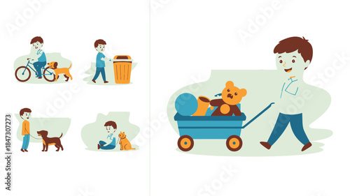 Child engaging in various everyday activities like cycling, pet care, and playing with a toy wagon