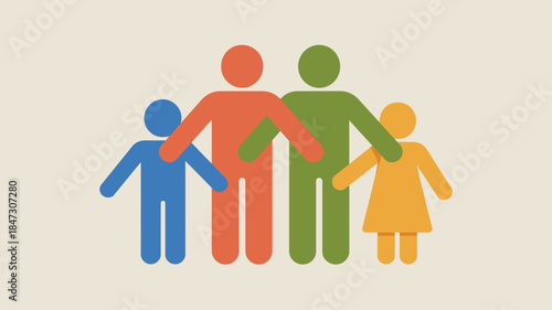 Classic family stick figures in bright colors showing parents and two children holding hands in unity