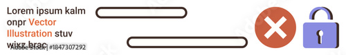 Cybersecurity, online security, digital protection, data breach prevention, secure access, user authentication. A lock icon, cross mark and text lines. Cybersecurity and digital protection concept