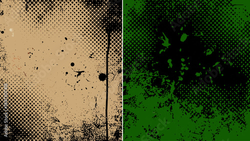 Abstract grunge distressed texture with halftone dots and ink splatters on black background with green messy spots and splashes.