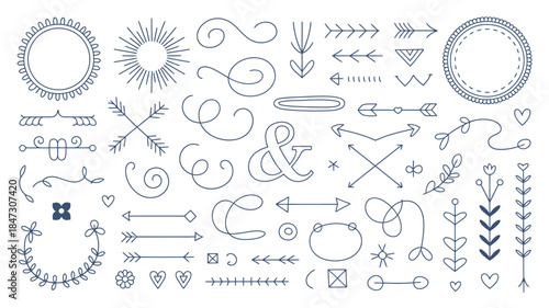 A charming collection of hand drawn dark blue doodle frames arrows and decorative dividers for designs
