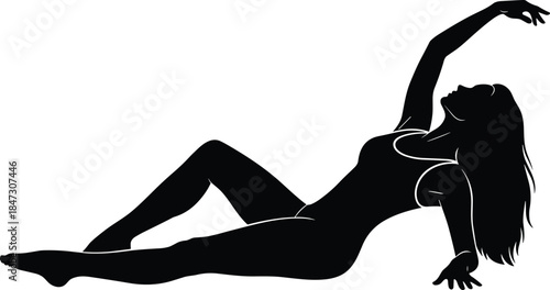 Female fitness silhouette performing stretching exercise pose, elegant body shape illustration isolated vector design for wellness, yoga and training concepts