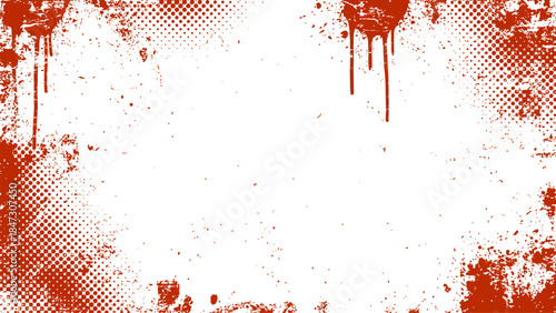 Bloody horror background design with grunge texture, red paint splatters, blood drips, and halftone effect on transparent backdrop.