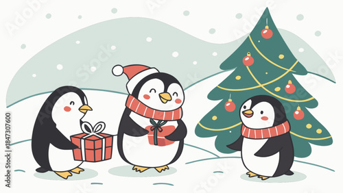 Cute penguins exchanging gifts by a decorated Christmas tree winter holiday scene festive illustrati