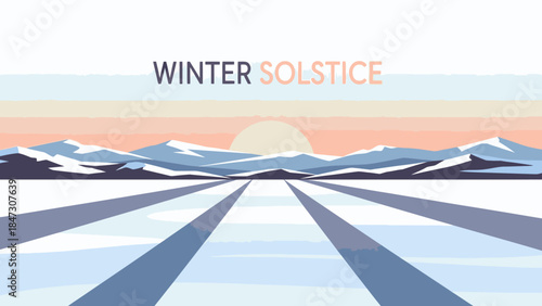 Graphic illustration of a winter solstice scene with sun rays over snowy mountains and a serene landscape in shades of blue and orange.