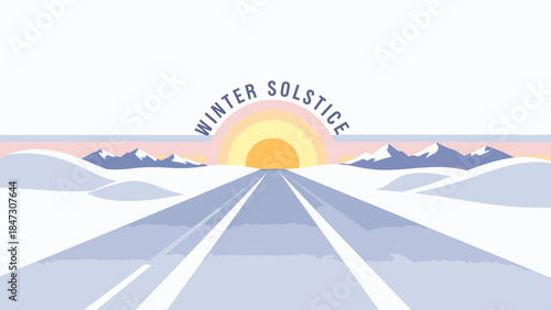 Illustration of a road leading to a winter solstice sunrise over snowy mountains with the phrase 'Winter Solstice' arched above, in a graphic and stylized landscape.