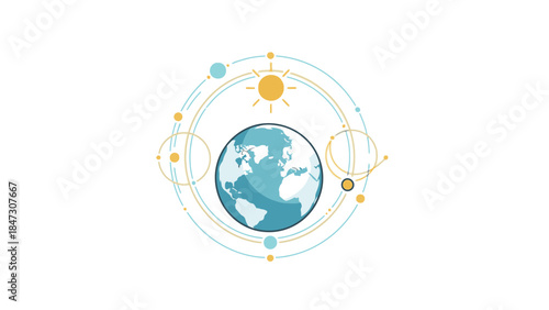 A graphic illustration of a blue globe surrounded by yellow and blue lines, dots, and a sun symbol on a white background, conveying a sense of global connection and new beginnings for Happy