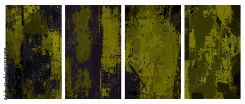 Abstract grunge distressed dark green texture vertical backgrounds set with ink splatters and dirty frames, artistic templates.