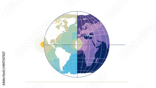 Illustration of a globe with contrasting day and night sides, featuring a sun, against a clean white background with a shallow depth of field and a mix of vibrant, pastel colors,