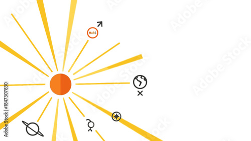 Graphic representation of celestial bodies orbiting around the sun with planets and symbols on a white background, conveying a sense of Happy new years.