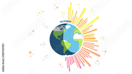 Colorful illustration of the Earth with sun rays and confetti on a white background, celebrating Happy new years