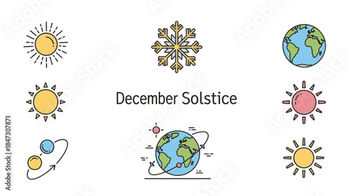 Flat illustration set depicting the December Solstice with various sun, snowflake, and Earth icons on a white background, conveying a seasonal and astronomical theme with a mix of colorful