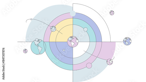 Infographic design featuring a colorful circular graph with multiple sections and smaller globes on a white background, celebrating Happy new years with pastel colors.