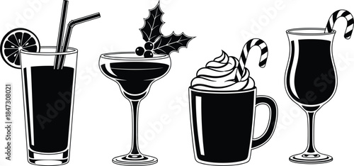 Holiday drinks silhouette collection featuring cocktails and hot beverages, festive winter drink illustration isolated vector design for bar and menu use