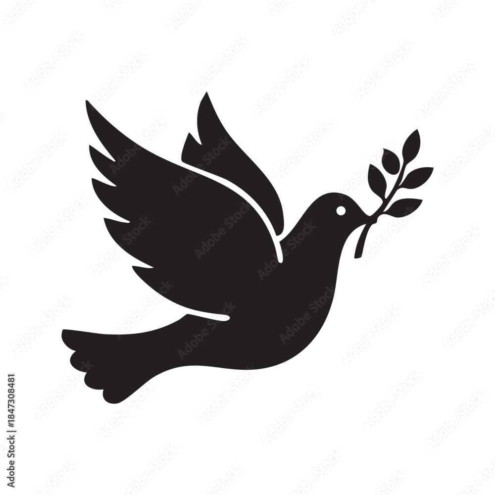 Obraz premium Black silhouette of a flying dove with an olive branch, a universal symbol of peace and hope, vector illustration, isolated on a white background.