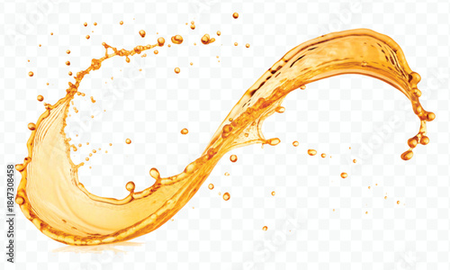 realistic fresh liquid honey or oil splash in mid air cut out and curve style isolated on transparent background