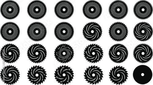Abstract circular saw blade icons set, industrial cutting tools spiral geometric shapes, black silhouette vector illustration collection, design elements pack