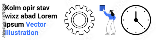 Time management, productivity, teamwork, mechanics, innovation, industrial processes. A gear, clock and person holding an object. Time management and productivity concept