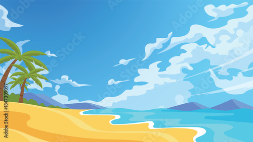Summer Tropical Beach Panorama Vector Illustration with Palm Trees Clear Water and Bright Sky