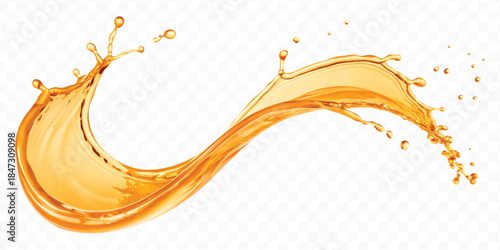realistic fresh liquid honey or oil splash in mid air cut out and curve style isolated on transparent background