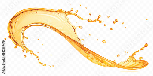 realistic fresh liquid honey or oil splash in mid air cut out and curve style isolated on transparent background