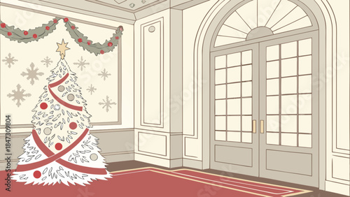 Elegant Christmas tree and garland in a grand hall festive holiday interior design for winter celebr