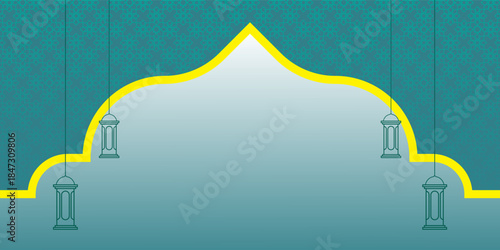 ramadan kareem greetings design with mandala and islamic ornaments such as lantern, dome, stars in simple style and colour