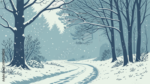 Snowy forest path in winter serene landscape with falling snow and bare trees perfect for holiday an