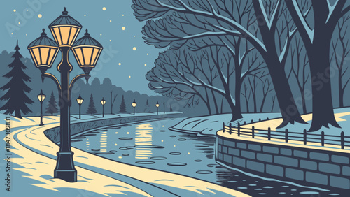 Winter park scene with glowing lampposts along a frozen river serene snowy landscape for holiday and