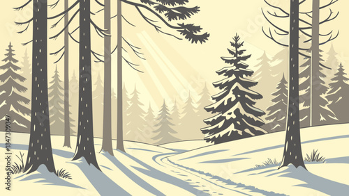 Winter forest landscape with snow covered trees and sun rays a serene snowy path for outdoor recreat