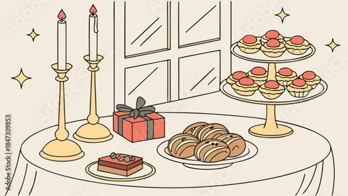 Elegant dessert table with pastries cake and gift perfect for celebrations and parties festive illus