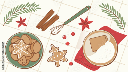 Christmas baking ingredients and cookies flat lay with festive elements for holiday season cooking o