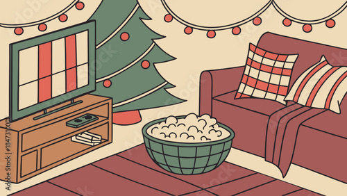 Cozy Christmas living room with TV sofa and popcorn perfect for holiday movie night or festive seaso