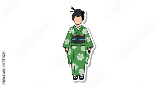 Green Kimono Woman Illustration Sticker
