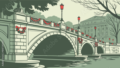 Ornate bridge decorated for holidays with classic architecture and calm water festive winter scene