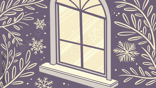 Winter window view with snowflakes and branches cozy season illustration for holiday greeting cards 