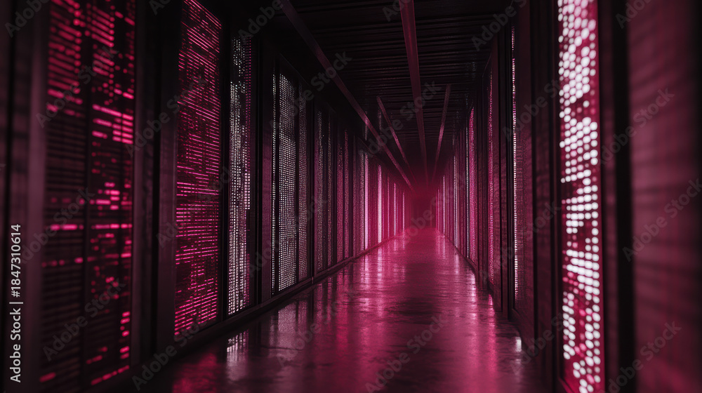 Fototapeta premium Futuristic neon corridor with glowing pink panels and reflective floor creating moody ambience